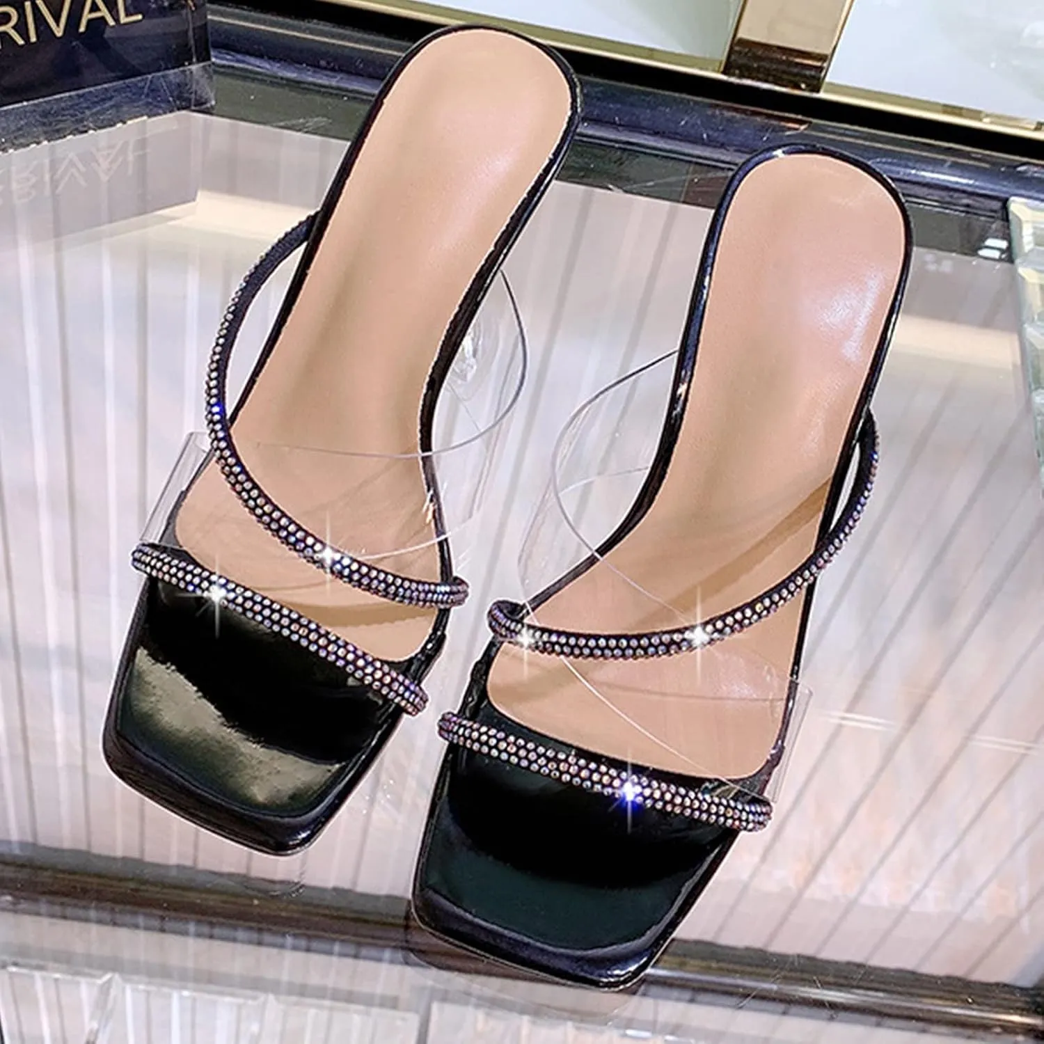 Women's Clear Heels Rhinestones Lace Up Heels Square Toe Stiletto High Heel Sandals