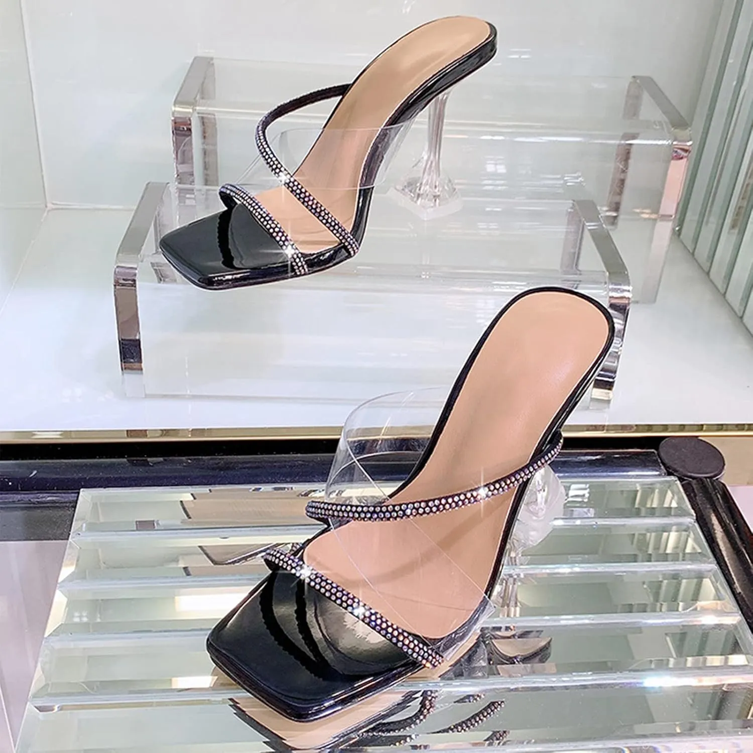 Women's Clear Heels Rhinestones Lace Up Heels Square Toe Stiletto High Heel Sandals
