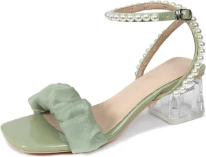 Women's Clear Mid Block Heels Square Toe Ankle Strap Rhinestone Pearl Heels Wedding Party Heeled Sandals