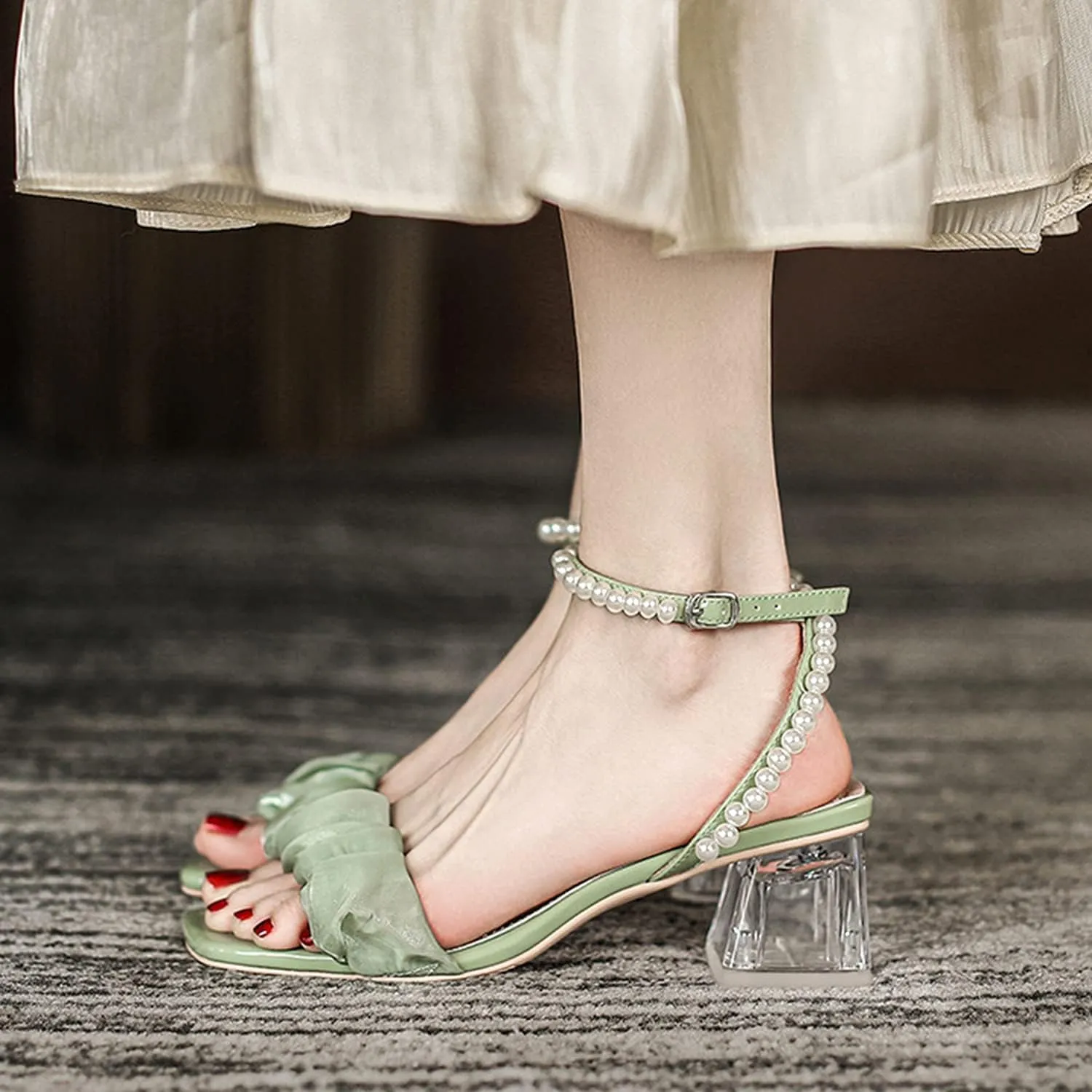 Women's Clear Mid Block Heels Square Toe Ankle Strap Rhinestone Pearl Heels Wedding Party Heeled Sandals