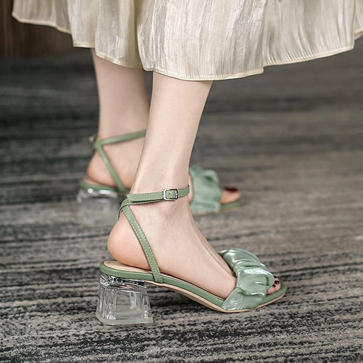 Women's Clear Mid Block Heels Square Toe Ankle Strap Rhinestone Pearl Heels Wedding Party Heeled Sandals