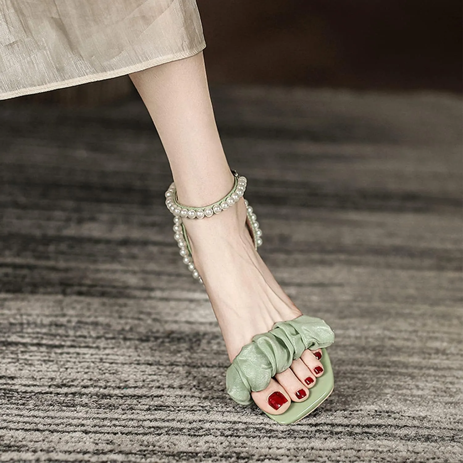 Women's Clear Mid Block Heels Square Toe Ankle Strap Rhinestone Pearl Heels Wedding Party Heeled Sandals