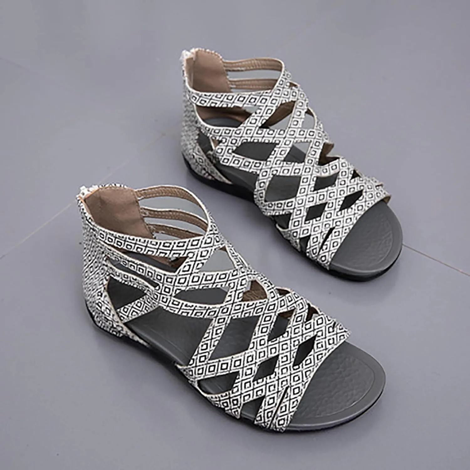 Women's Cross Strappy Stylish Sandal Back Zipper Solid Orthopedic Sandals Breathe Summer Spring Flats Open Toe Shoe