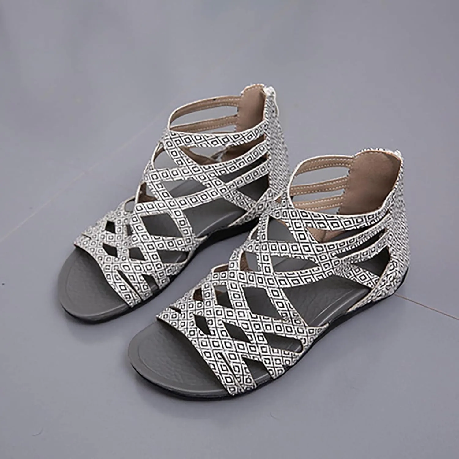 Women's Cross Strappy Stylish Sandal Back Zipper Solid Orthopedic Sandals Breathe Summer Spring Flats Open Toe Shoe