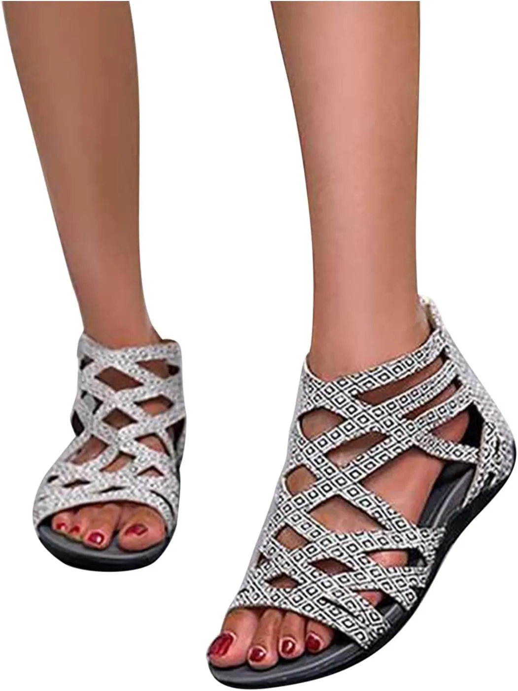 Women's Cross Strappy Stylish Sandal Back Zipper Solid Orthopedic Sandals Breathe Summer Spring Flats Open Toe Shoe