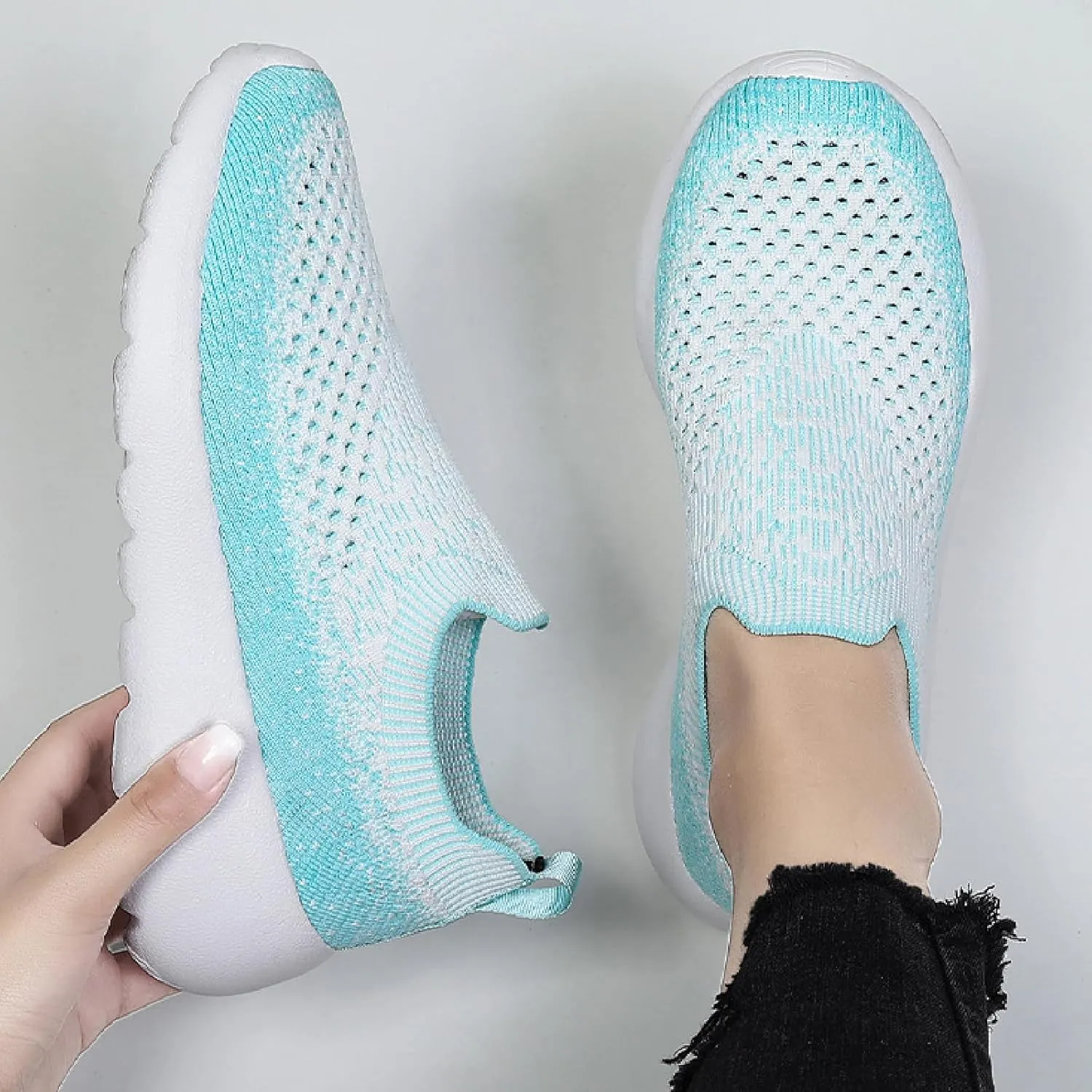 Women's Elastic Knit Slip On Sneakers Breathable Mesh Soft Bottom Lightweight Walking Sock Shoes Comfortable Yoga Fitness Tennis Shoes