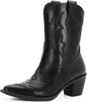 Women's Embroidered Wide Calf Western Cowgirl High Knee Boots Pull On Pointed Toe Cowboy Tall Boots for Ladies