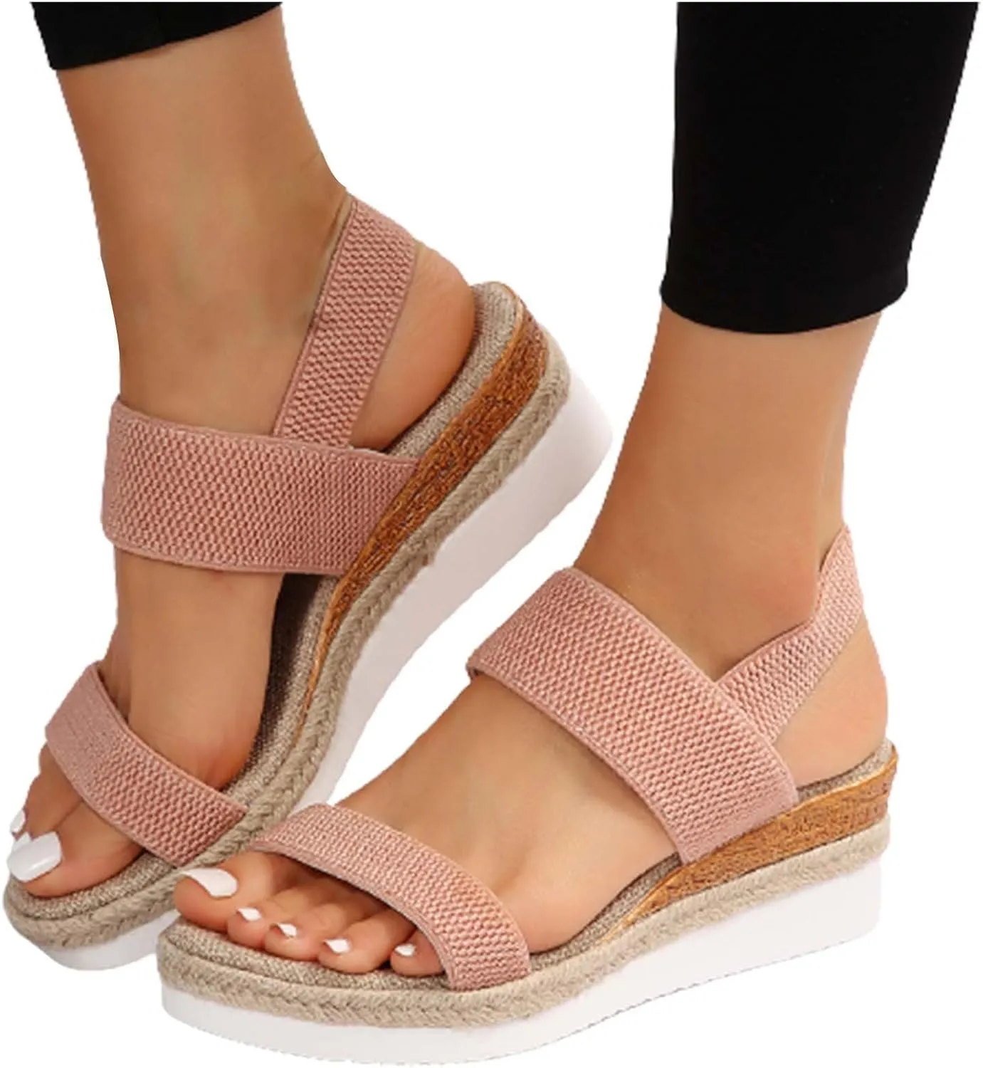 Womens Espadrille Wedge Sandals EVA Sole Platform Sandal Open Toe Ankle Strap Buckle Elastic Summer Comfort Slides Anti-Slip Espadrilles Faux Leather Cork Rubber 2025 Lightweight Flat Shoes