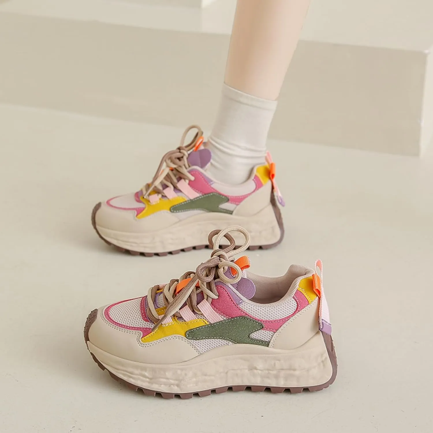 Women's Fashion Casual Sneakers Platform Design Classic Patchwork Style Ideal for Walking Playing Tennis and Traveling Chunky and Colorful Lifestyle Sneakers.