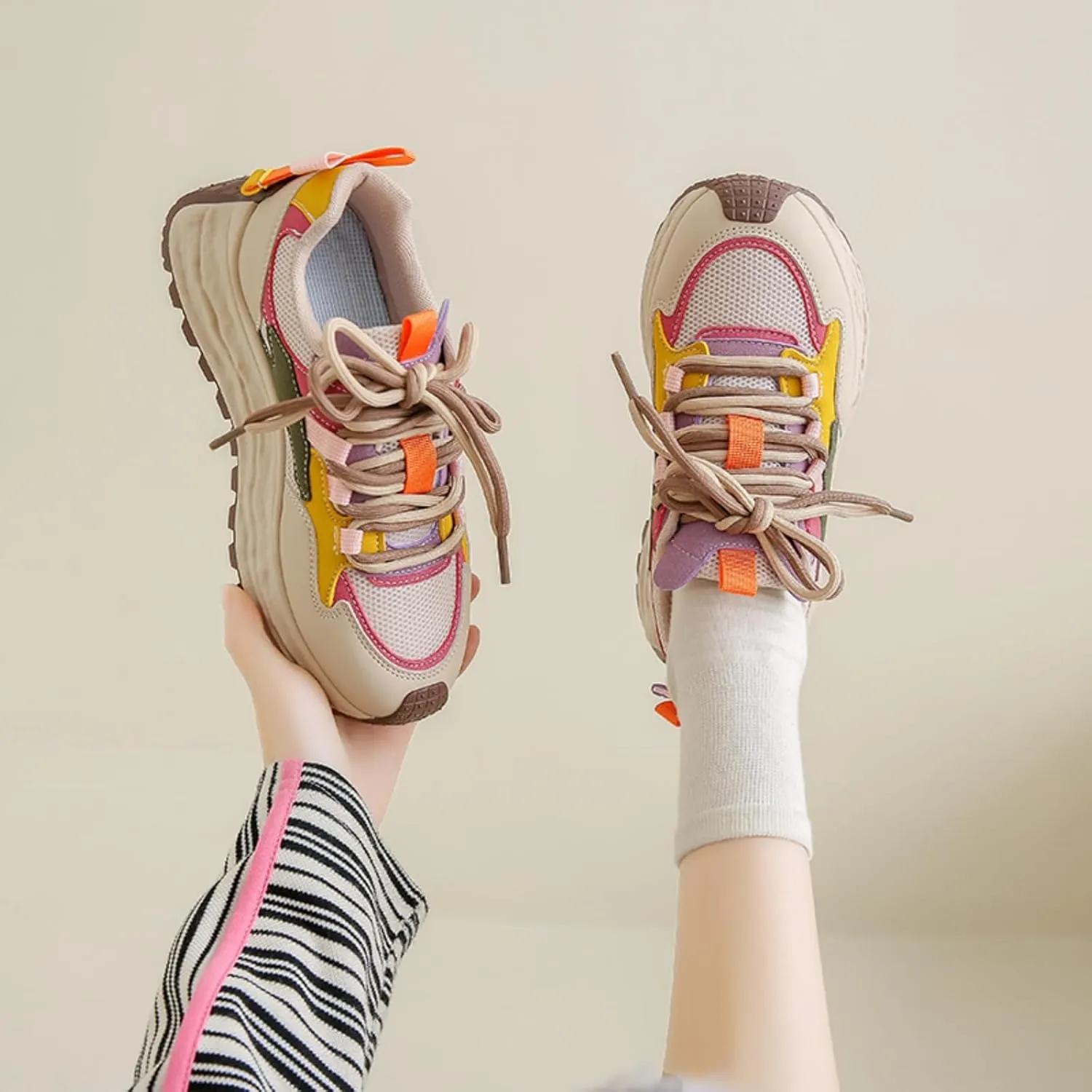 Women's Fashion Casual Sneakers Platform Design Classic Patchwork Style Ideal for Walking Playing Tennis and Traveling Chunky and Colorful Lifestyle Sneakers.