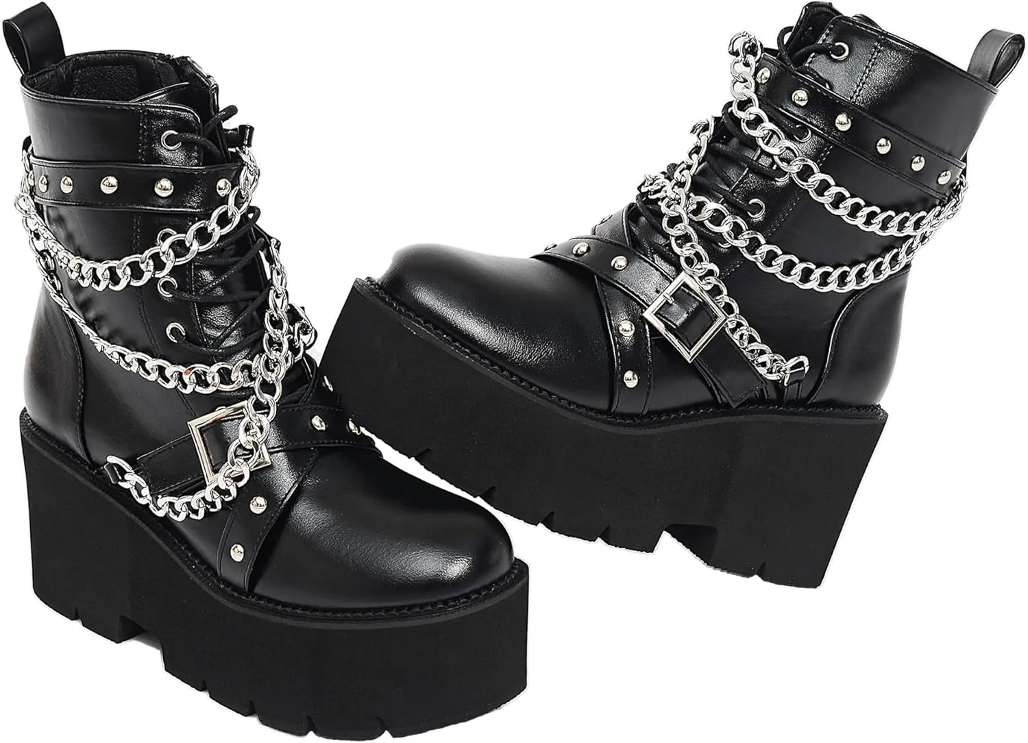 Women's Fashion Goth Boots,Black Chunky Platform Combat Ankle Booties Zipper Punk Boots Mid Calf Boots for Women