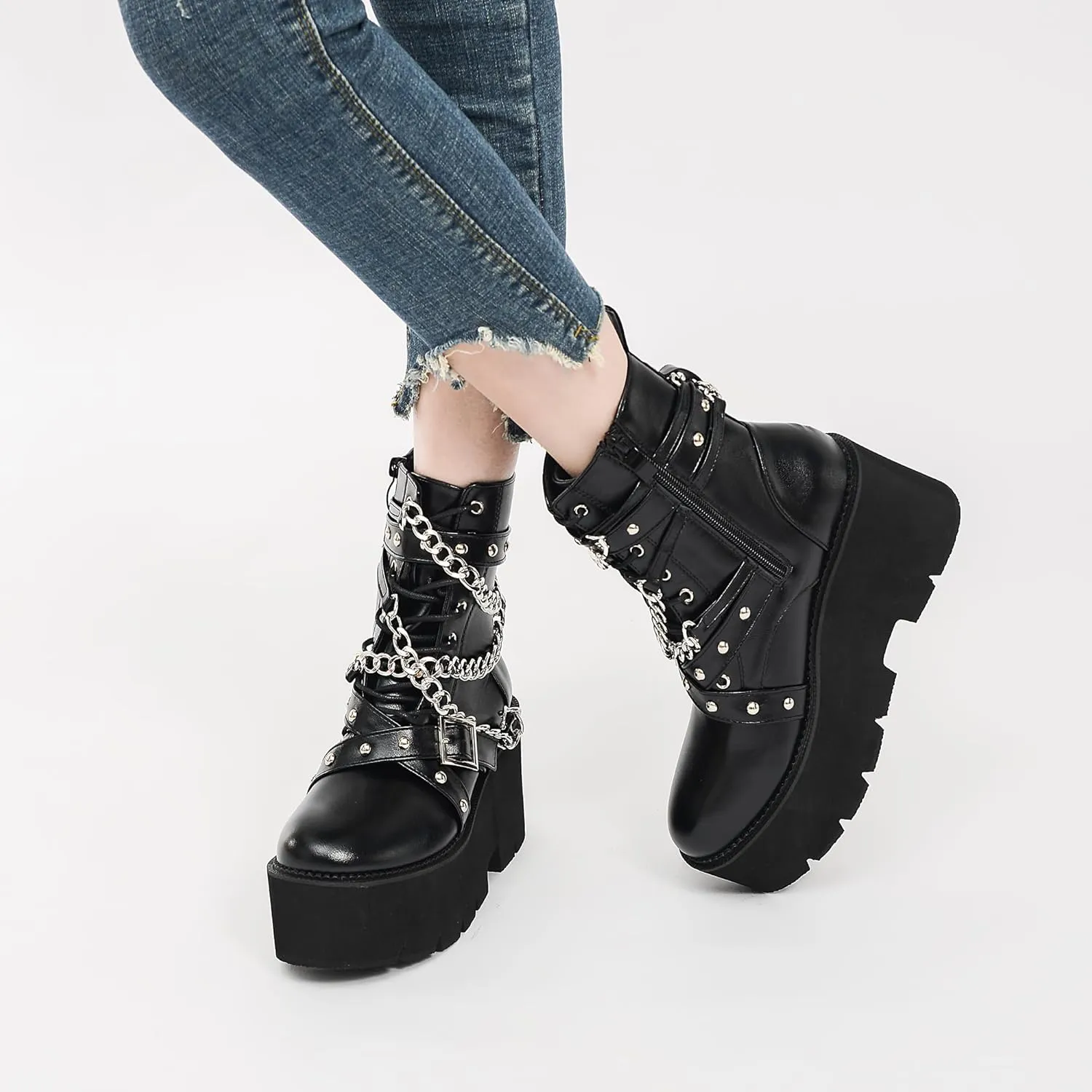 Women's Fashion Goth Boots,Black Chunky Platform Combat Ankle Booties Zipper Punk Boots Mid Calf Boots for Women