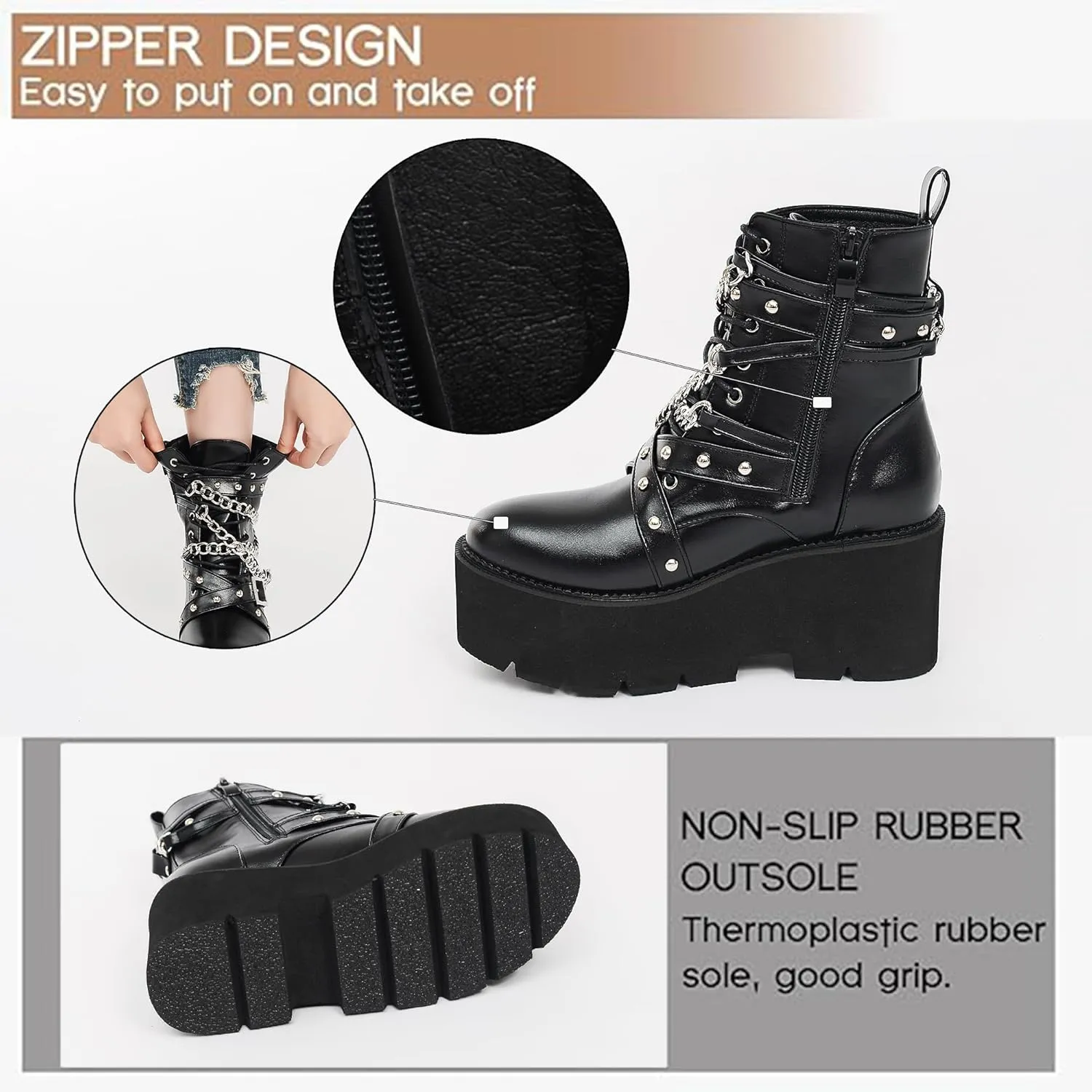 Women's Fashion Goth Boots,Black Chunky Platform Combat Ankle Booties Zipper Punk Boots Mid Calf Boots for Women