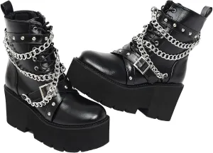 Women's Fashion Goth Boots,Black Chunky Platform Combat Ankle Booties Zipper Punk Boots Mid Calf Boots for Women