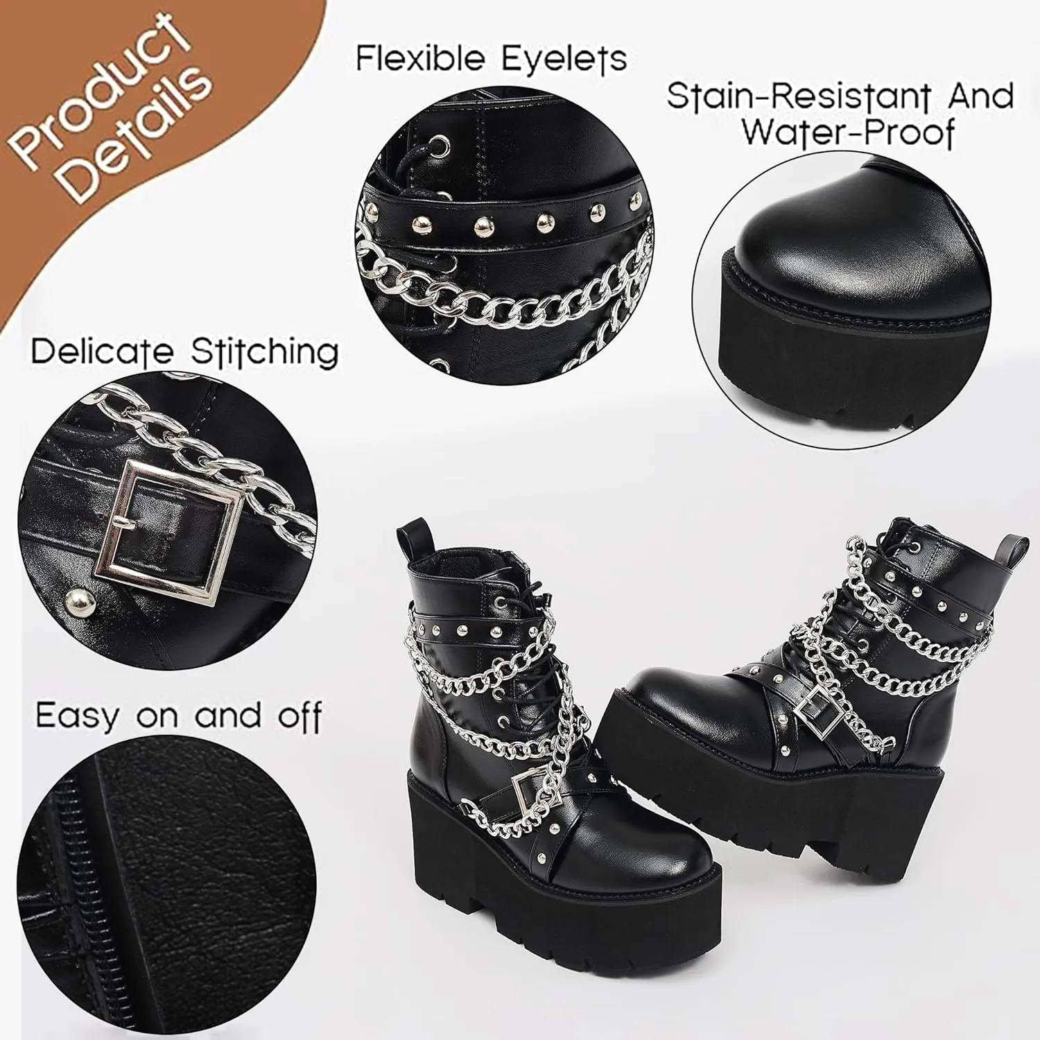 Women's Fashion Goth Boots,Black Chunky Platform Combat Ankle Booties Zipper Punk Boots Mid Calf Boots for Women