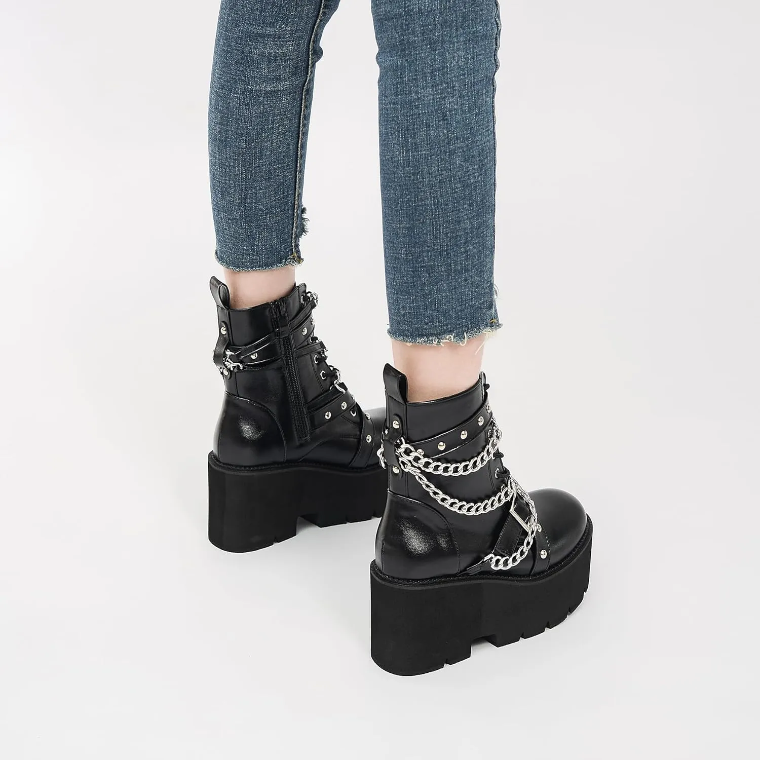 Women's Fashion Goth Boots,Black Chunky Platform Combat Ankle Booties Zipper Punk Boots Mid Calf Boots for Women