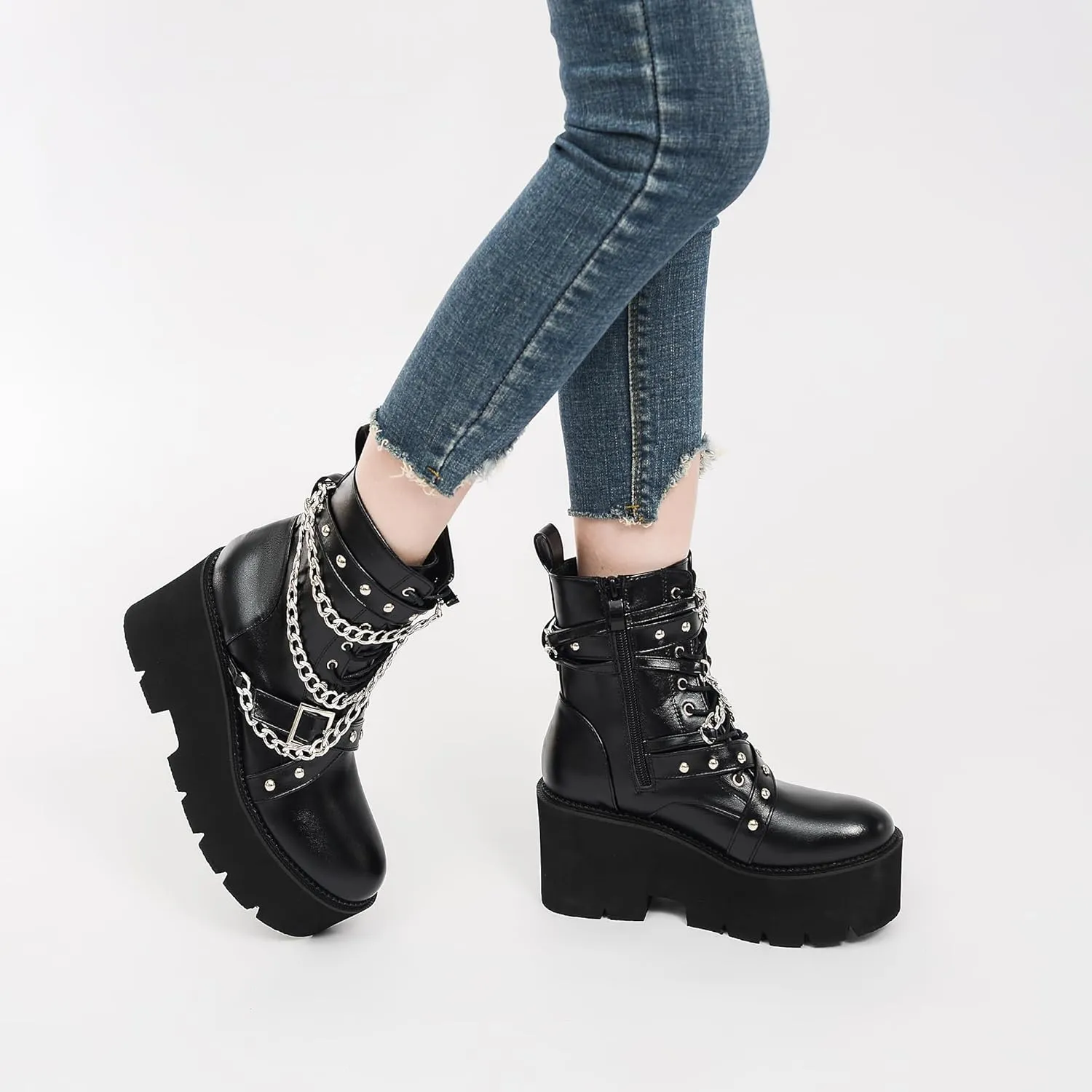 Women's Fashion Goth Boots,Black Chunky Platform Combat Ankle Booties Zipper Punk Boots Mid Calf Boots for Women