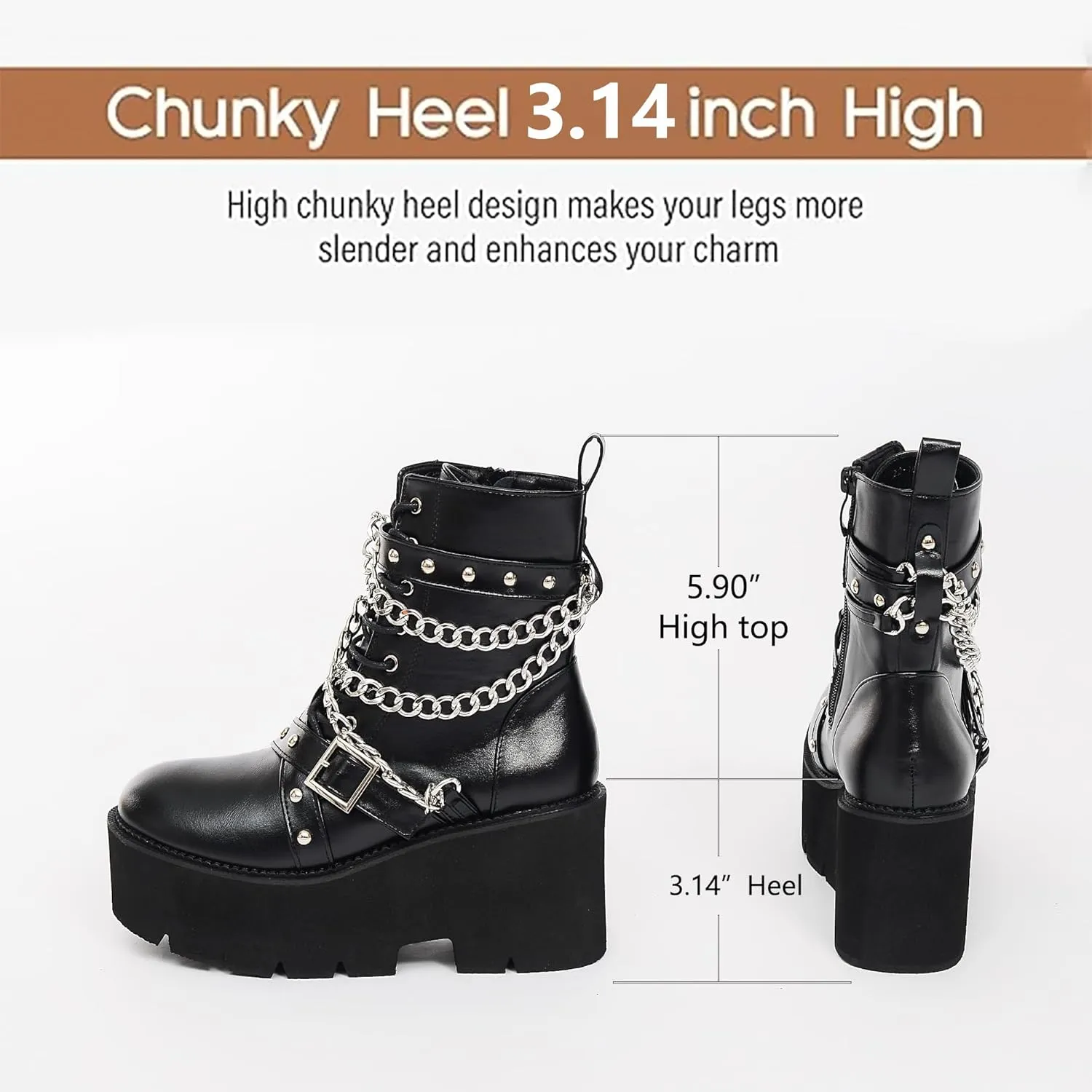 Women's Fashion Goth Boots,Black Chunky Platform Combat Ankle Booties Zipper Punk Boots Mid Calf Boots for Women