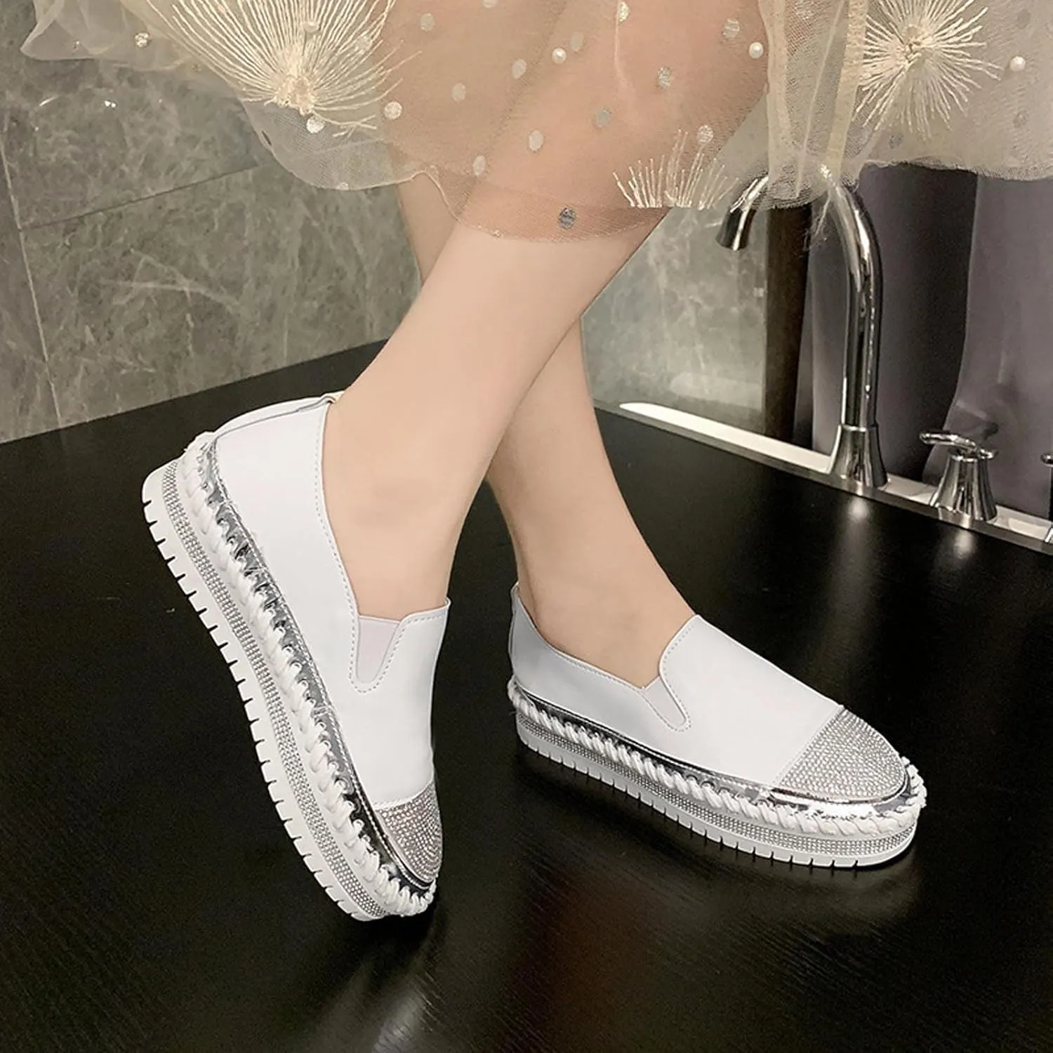 Womens Fashion Slip-On Sneakers Rhinestones Glitter Platform Flat Boho Vacation Dress Walking Flats Casual Walking Loafers