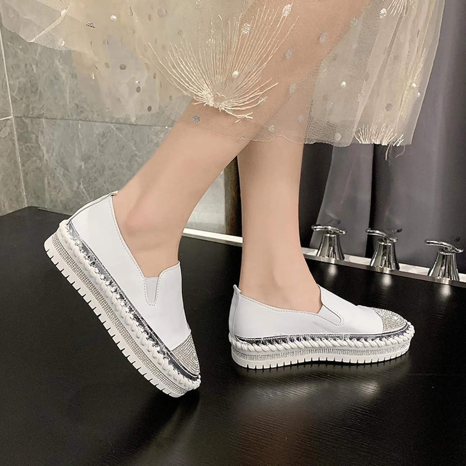 Womens Fashion Slip-On Sneakers Rhinestones Glitter Platform Flat Boho Vacation Dress Walking Flats Casual Walking Loafers