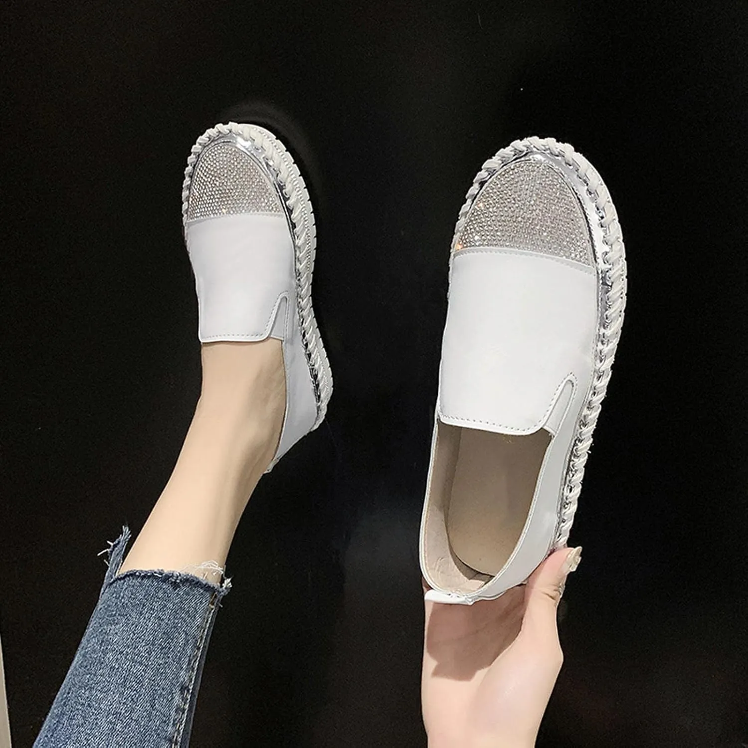 Womens Fashion Slip-On Sneakers Rhinestones Glitter Platform Flat Boho Vacation Dress Walking Flats Casual Walking Loafers