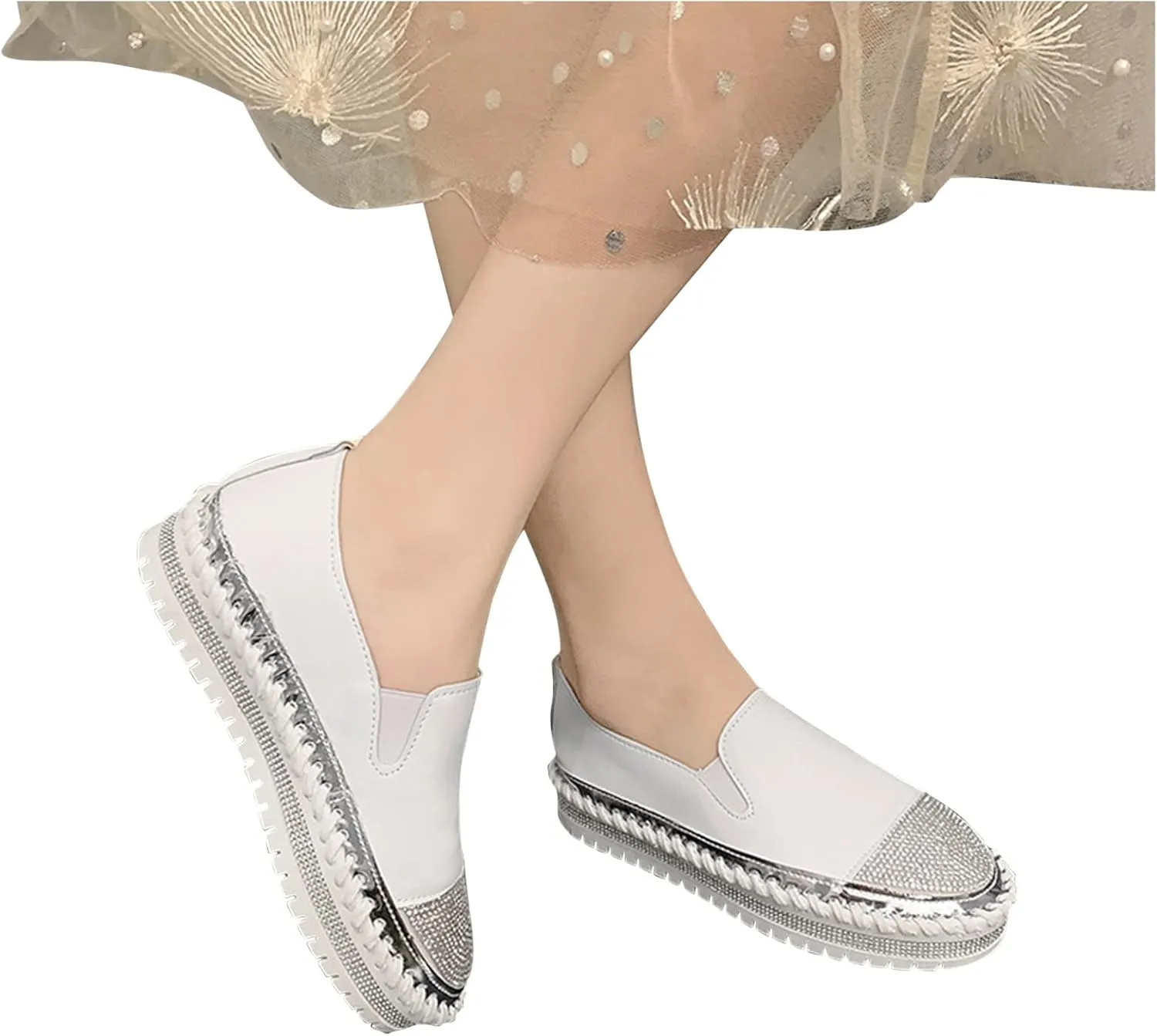 Womens Fashion Slip-On Sneakers Rhinestones Glitter Platform Flat Boho Vacation Dress Walking Flats Casual Walking Loafers