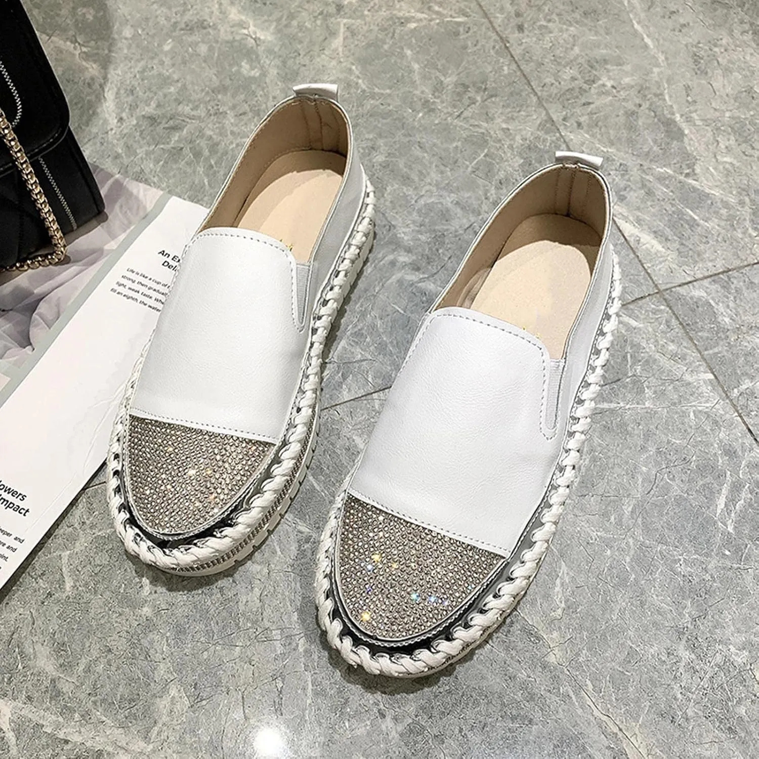 Womens Fashion Slip-On Sneakers Rhinestones Glitter Platform Flat Boho Vacation Dress Walking Flats Casual Walking Loafers