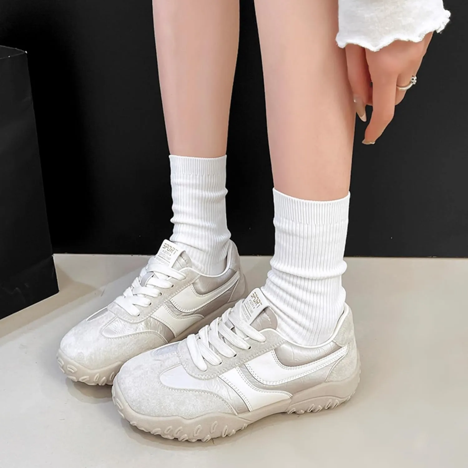 Womens Fashion Sneakers for 2025 Suede Lace Up Fashion Sneakers for Women – Casual Chic and Comfortable for Street Strolling Campus Activities (Red White,5)
