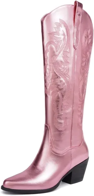 Womens Fringe Metallic Cowboy Boots Pointed Toe Chunky Hell Tassel Mid Calf Boots