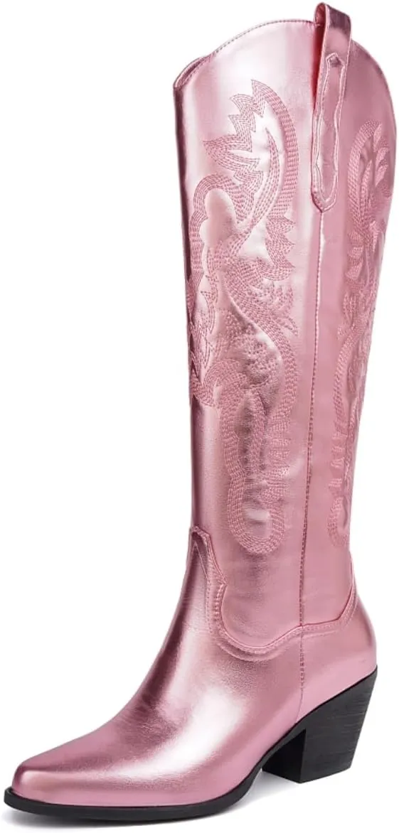 Womens Fringe Metallic Cowboy Boots Pointed Toe Chunky Hell Tassel Mid Calf Boots