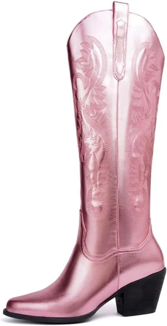 Womens Fringe Metallic Cowboy Boots Pointed Toe Chunky Hell Tassel Mid Calf Boots