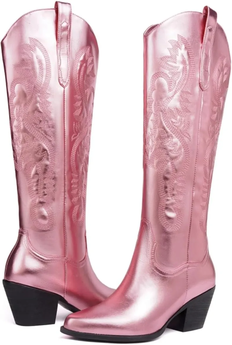 Womens Fringe Metallic Cowboy Boots Pointed Toe Chunky Hell Tassel Mid Calf Boots