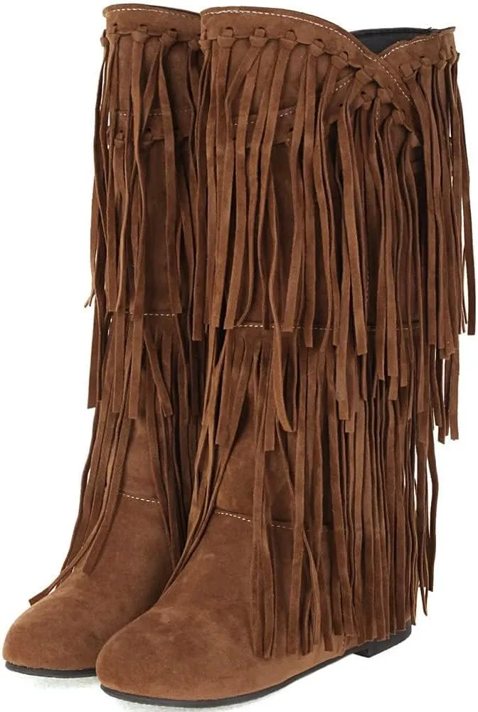Womens Fringe Western Boots Fashion Hidden Heel Knee-high Boots Round Toe Platform Tassel Moccasin Boots