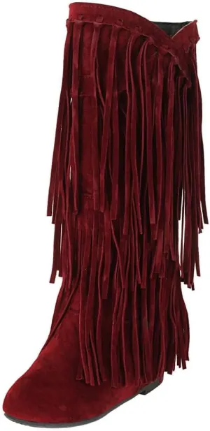 Womens Fringe Western Boots Fashion Hidden Heel Knee-high Boots Round Toe Platform Tassel Moccasin Boots