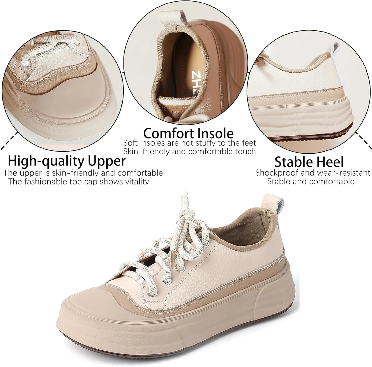 Women's Genuine Leather Platform Fashion Sneakers Comfortable Round Toe Lace Up Non-Slip Chunky Increase Height Casual Shoes for Outdoor Work Office Walking Shoes