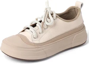 Women's Genuine Leather Platform Fashion Sneakers Comfortable Round Toe Lace Up Non-Slip Chunky Increase Height Casual Shoes for Outdoor Work Office Walking Shoes