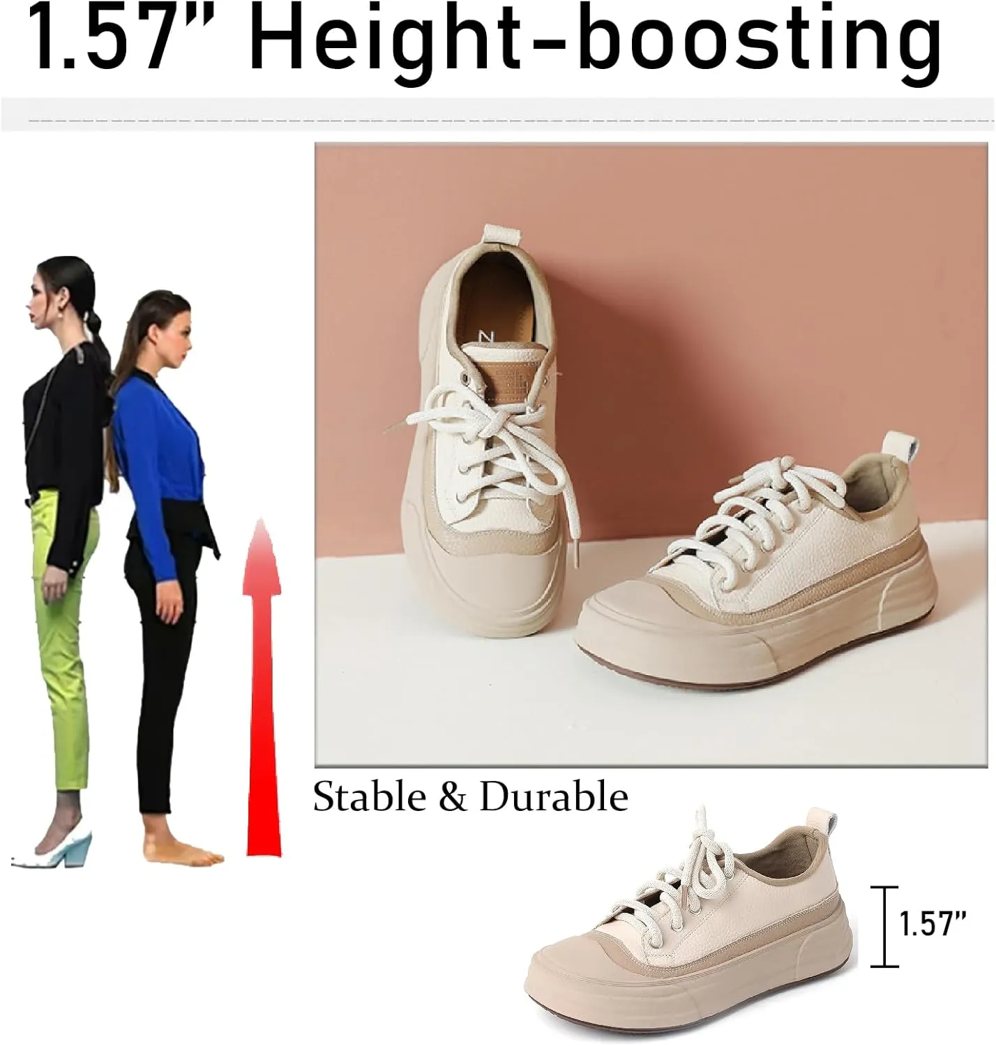 Women's Genuine Leather Platform Fashion Sneakers Comfortable Round Toe Lace Up Non-Slip Chunky Increase Height Casual Shoes for Outdoor Work Office Walking Shoes