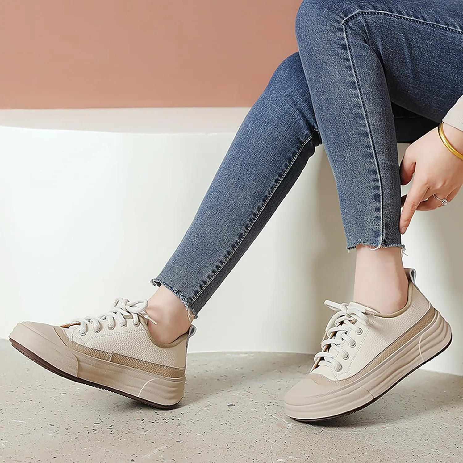 Women's Genuine Leather Platform Fashion Sneakers Comfortable Round Toe Lace Up Non-Slip Chunky Increase Height Casual Shoes for Outdoor Work Office Walking Shoes