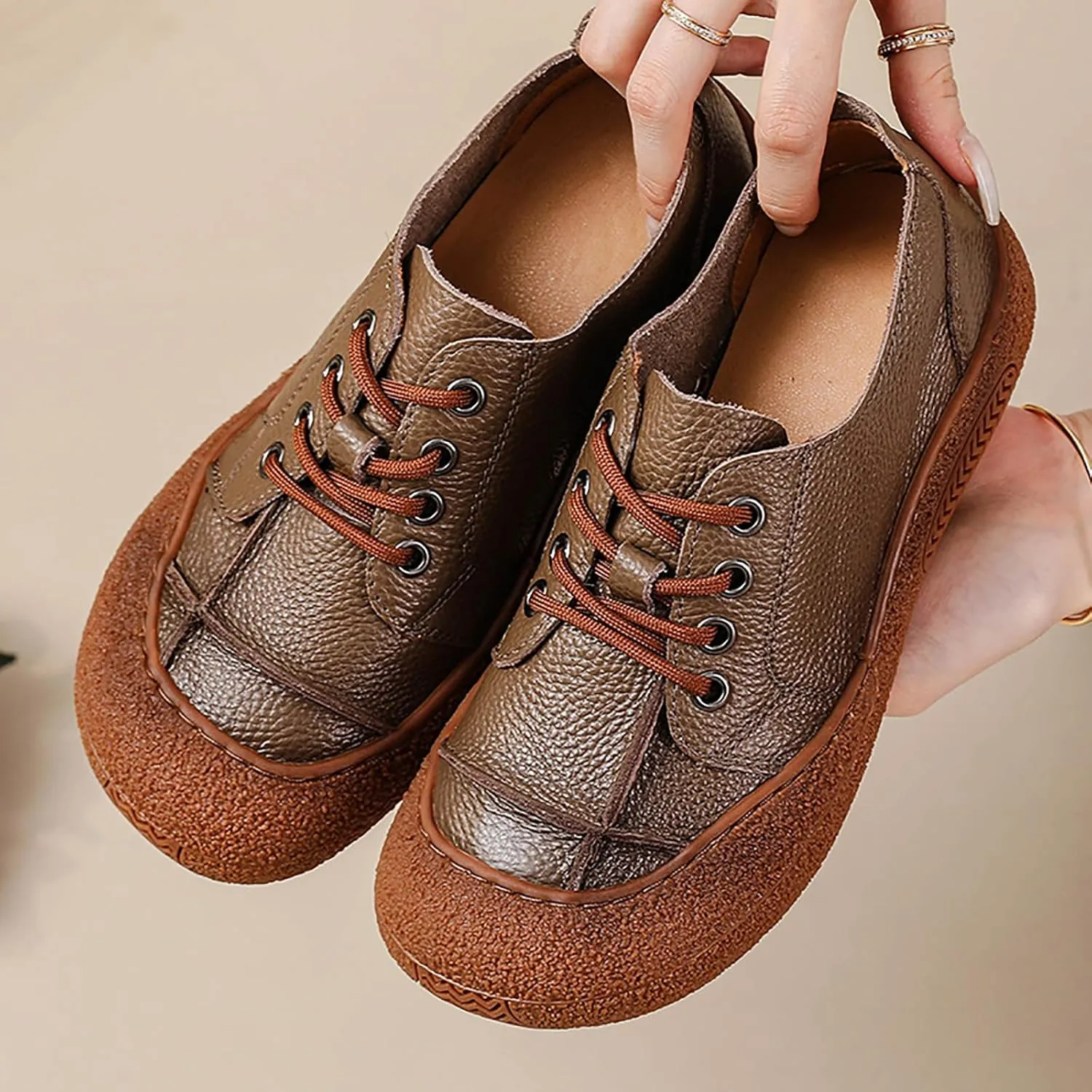 Women's Genuine Leather Platform Walking Shoes Retro Anti-Collision Round Toe Lace-up Anti-Slip Soft Bottom Casual Sneakers for Work Office Sports Shoes