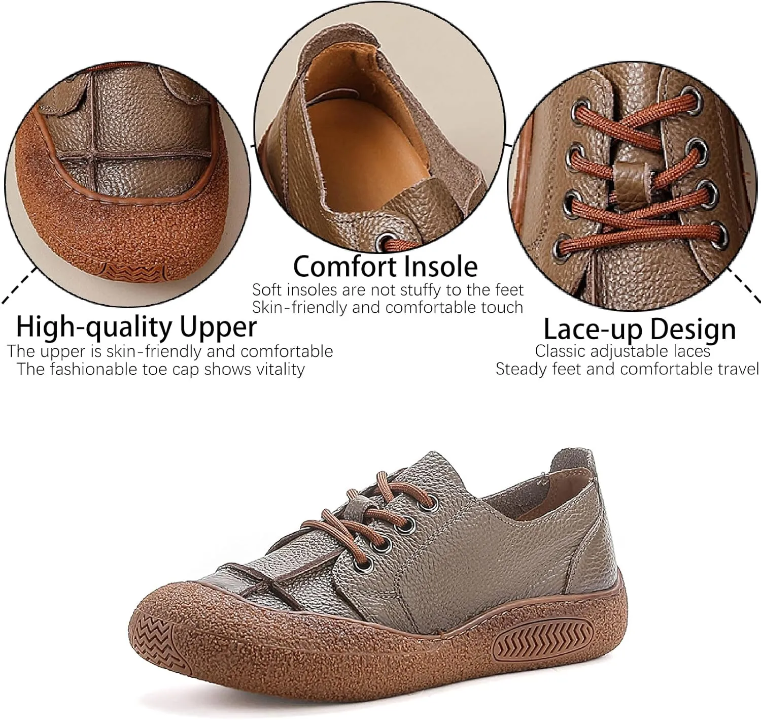 Women's Genuine Leather Platform Walking Shoes Retro Anti-Collision Round Toe Lace-up Anti-Slip Soft Bottom Casual Sneakers for Work Office Sports Shoes