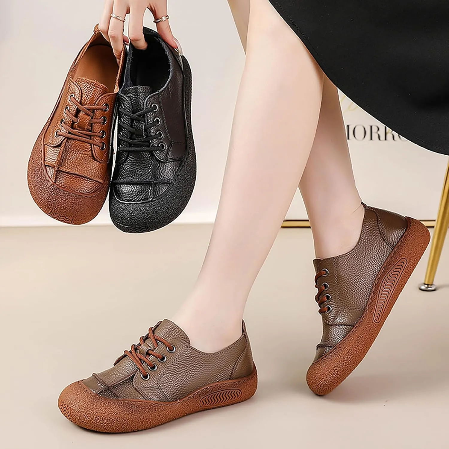 Women's Genuine Leather Platform Walking Shoes Retro Anti-Collision Round Toe Lace-up Anti-Slip Soft Bottom Casual Sneakers for Work Office Sports Shoes