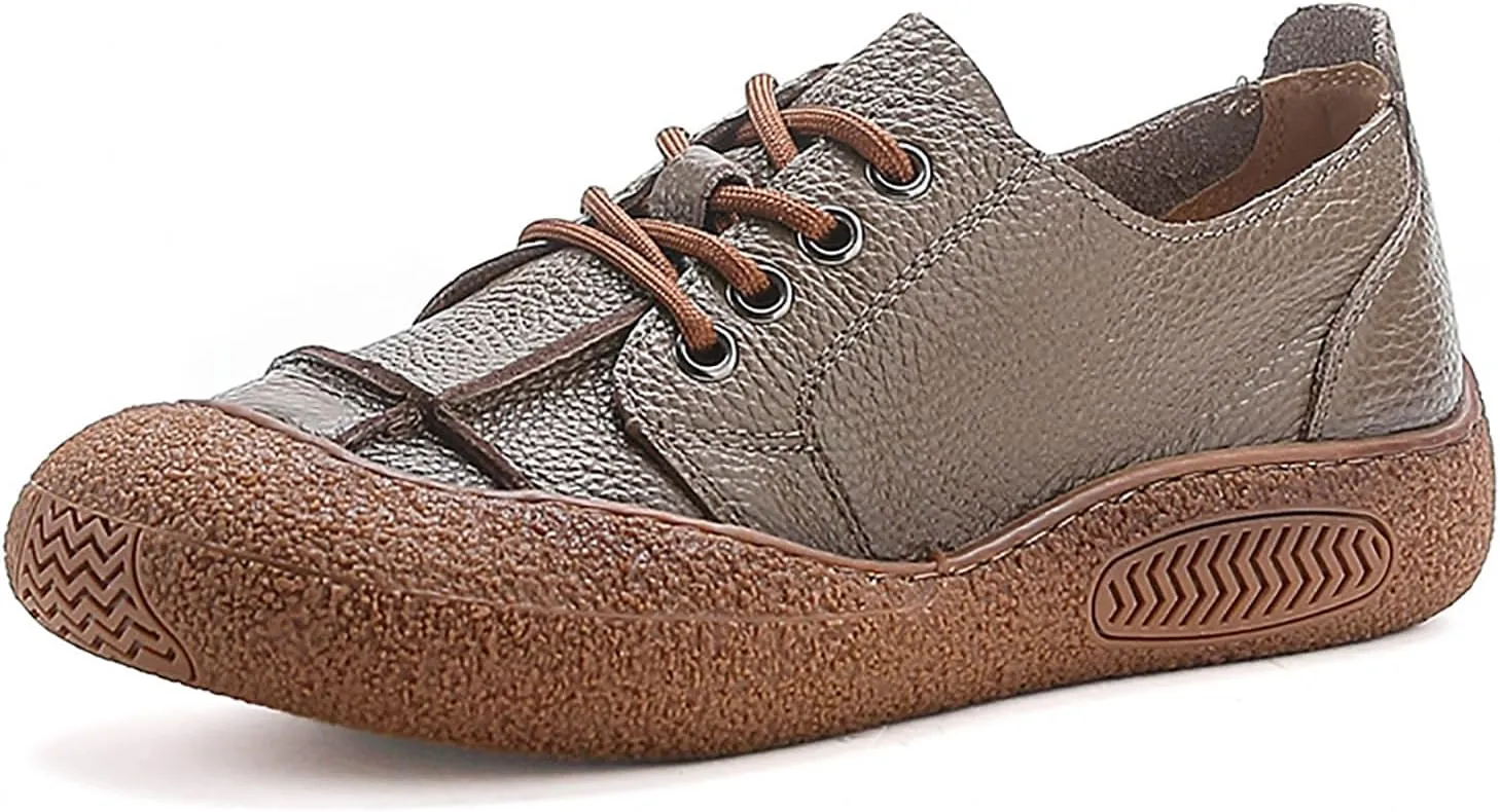 Women's Genuine Leather Platform Walking Shoes Retro Anti-Collision Round Toe Lace-up Anti-Slip Soft Bottom Casual Sneakers for Work Office Sports Shoes
