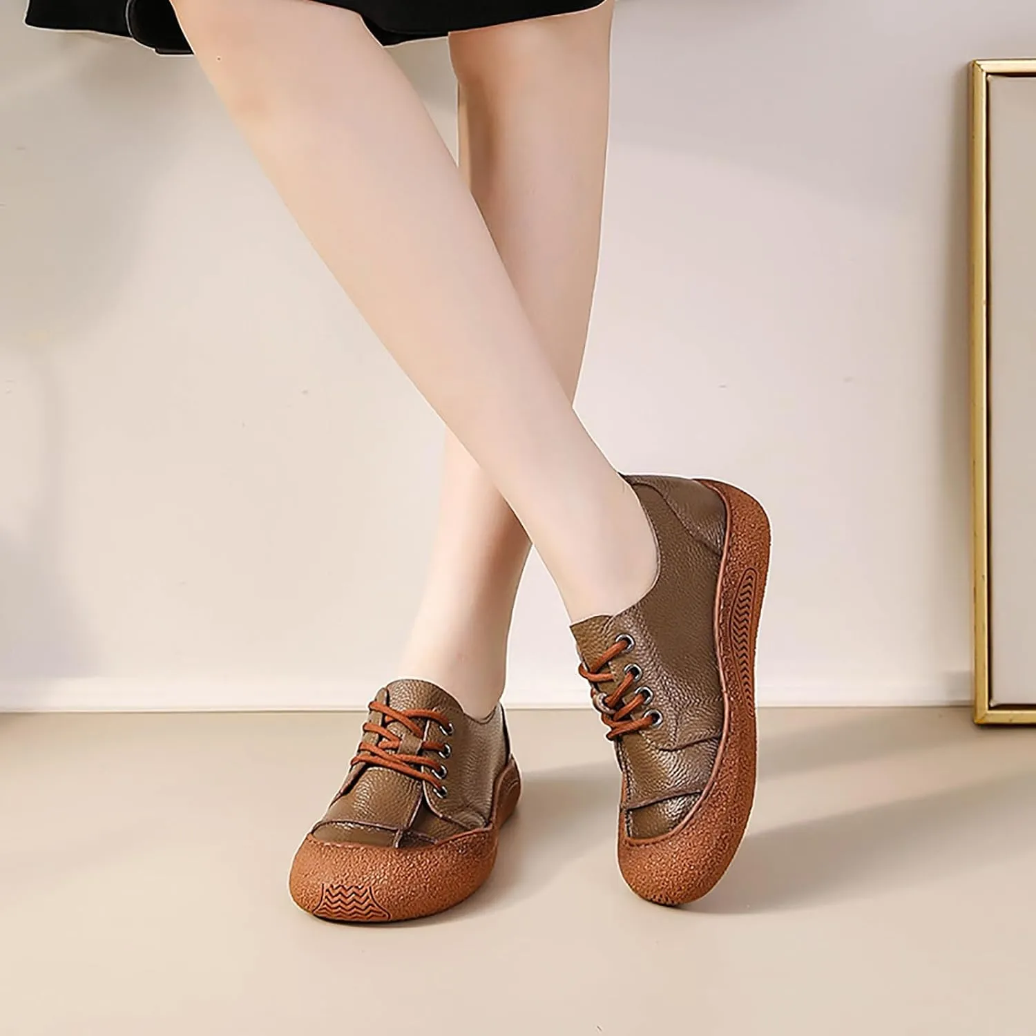 Women's Genuine Leather Platform Walking Shoes Retro Anti-Collision Round Toe Lace-up Anti-Slip Soft Bottom Casual Sneakers for Work Office Sports Shoes
