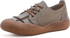Women's Genuine Leather Platform Walking Shoes Retro Anti-Collision Round Toe Lace-up Anti-Slip Soft Bottom Casual Sneakers for Work Office Sports Shoes