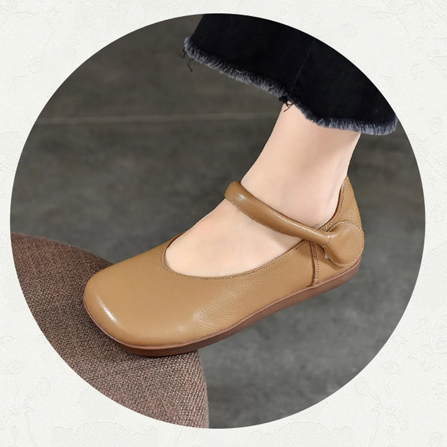 Women's Genuine Leather Square Wide Toe Retro Flat Mary Jane Flats with Hook and Loop Comfort Non-Slip Soft Sole Slip-On Casual Walking Mam Shoes Work Loafers