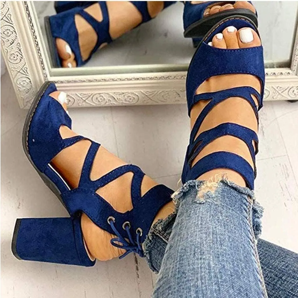 Womens Gladiator Sandals Strappy Lace Up Hollow Out Chunky High Heels Sandals Summer Evening Dress High Heel Sandal Shoes