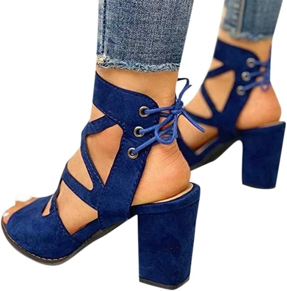 Womens Gladiator Sandals Strappy Lace Up Hollow Out Chunky High Heels Sandals Summer Evening Dress High Heel Sandal Shoes