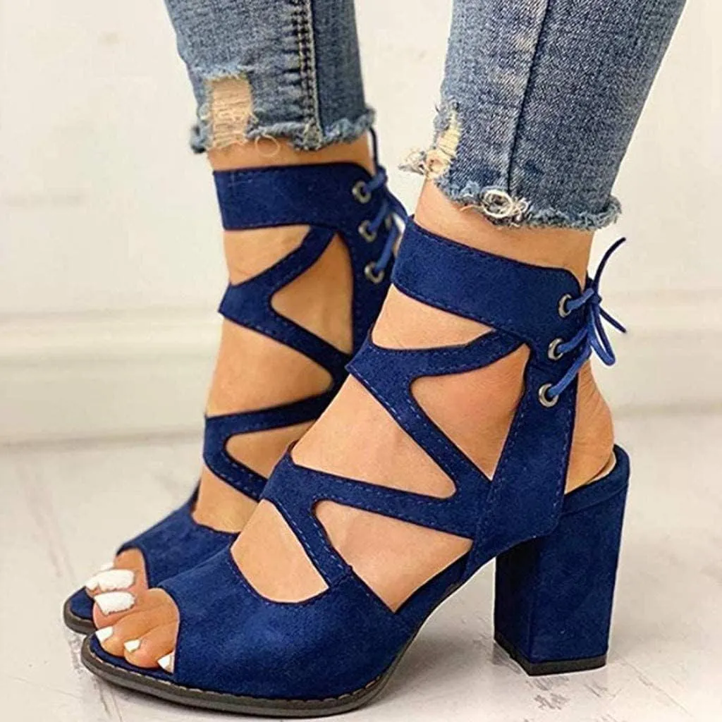 Womens Gladiator Sandals Strappy Lace Up Hollow Out Chunky High Heels Sandals Summer Evening Dress High Heel Sandal Shoes