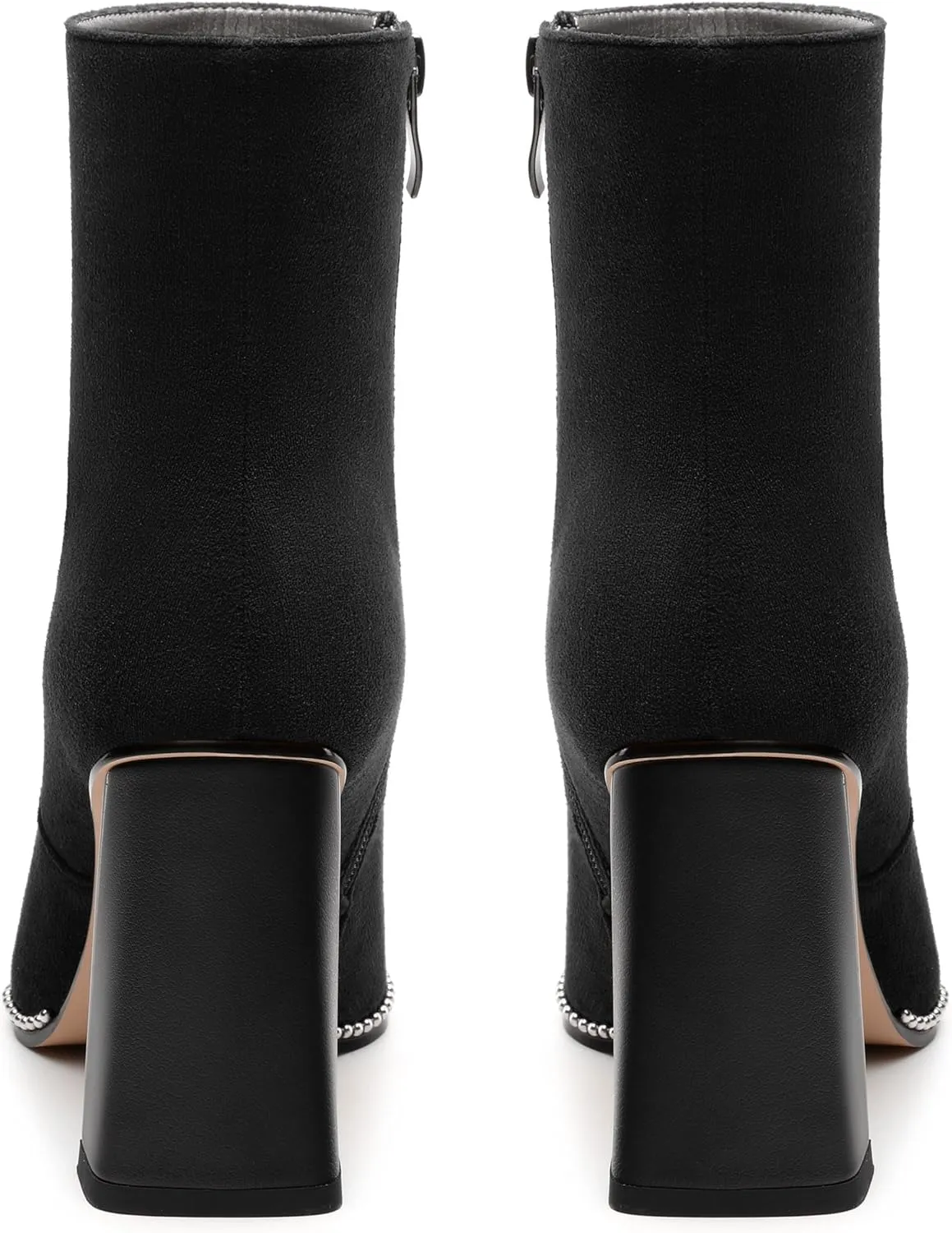 Womens Heeled Ankle Boots, Pointed Toe Chunky Heel Ankle Booties for Women, Silver Beaded Short Boots with Side Zipper 3.5"