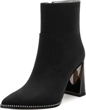 Womens Heeled Ankle Boots, Pointed Toe Chunky Heel Ankle Booties for Women, Silver Beaded Short Boots with Side Zipper 3.5"